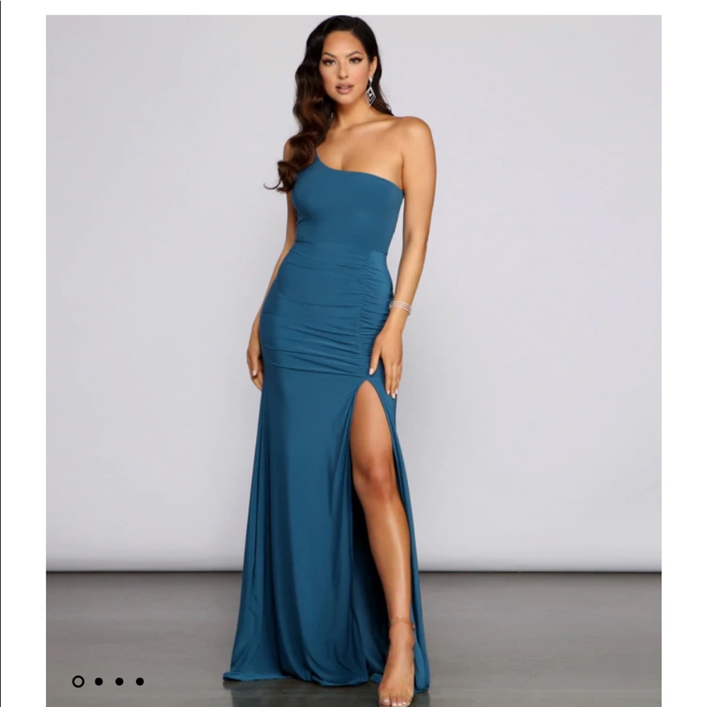 Teal one shoulder slit formal dress